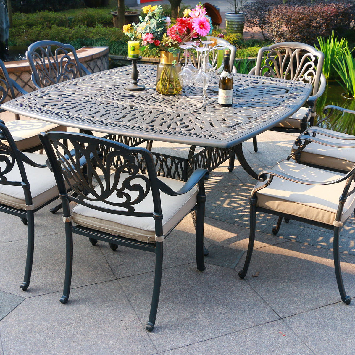 Square 8 Person 64" Long Aluminum Dining Set With Cushions