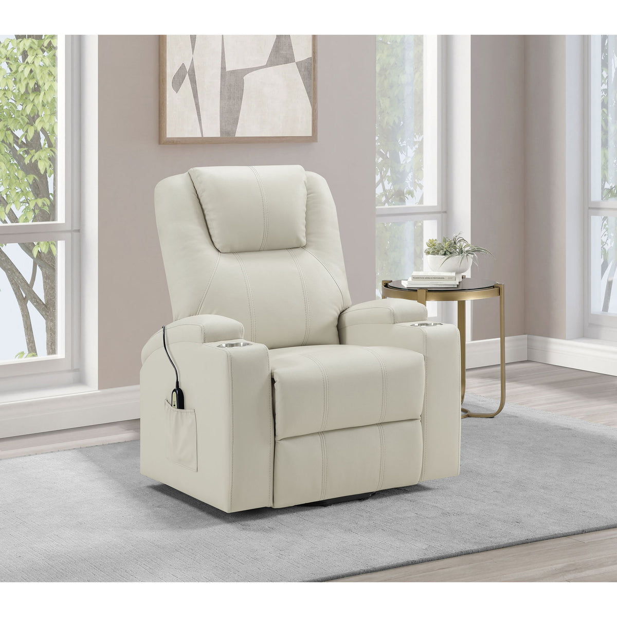 Light brown power lift massage recliner with heat and dual cupholders in view.