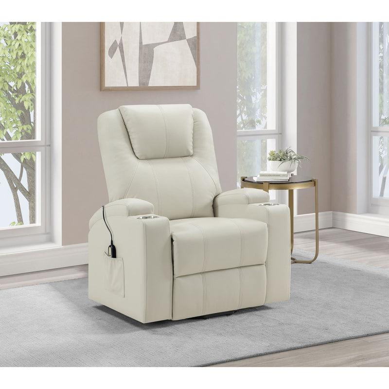 Light brown power lift massage recliner with heat and dual cupholders in view.