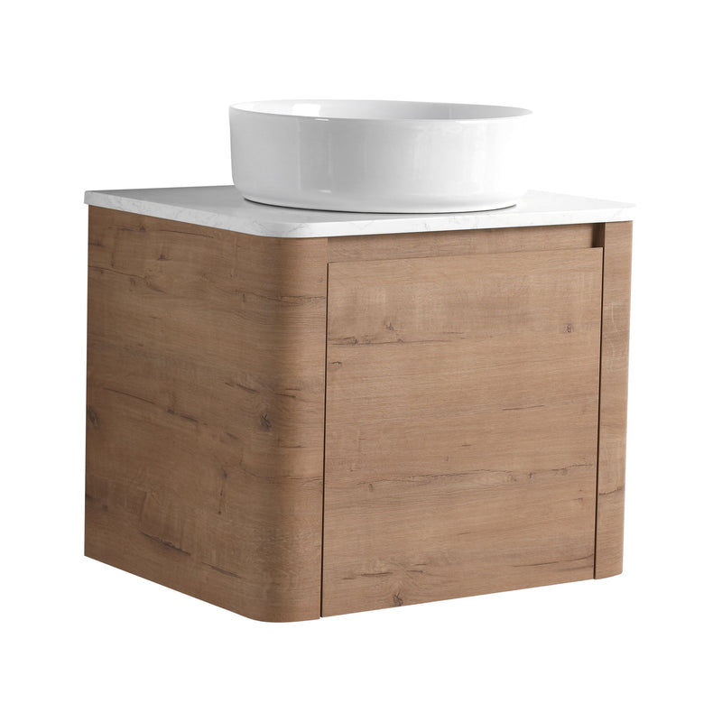 Bathroom vanity with white round vessel sink and 2-door cabinet, wood finish