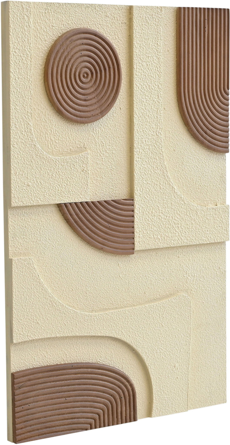 Wood wall art panel in natural cream with raised spiral circle and curved concentric inlays