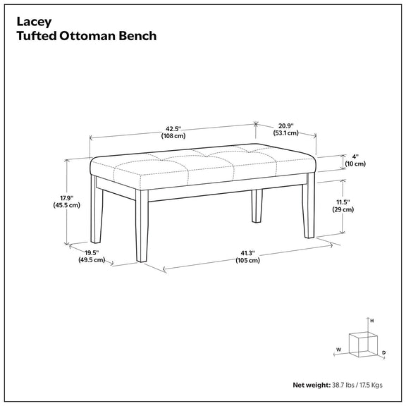 Tufted ottoman bench dimensions diagram, tufted top and black legs
