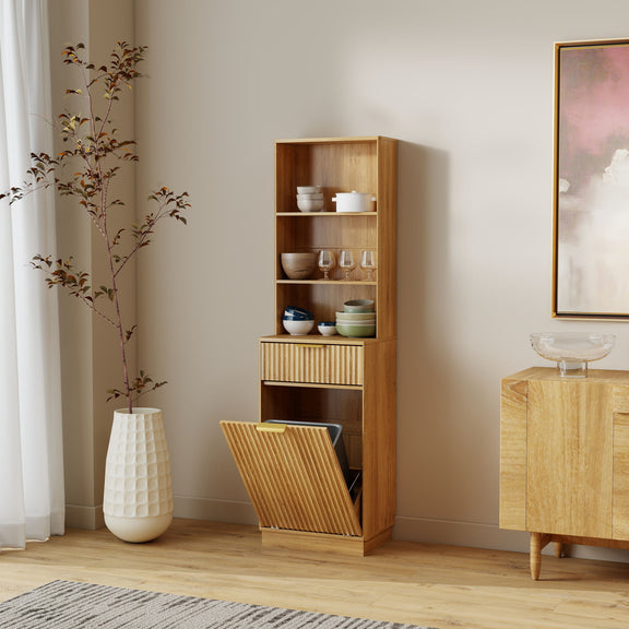 Light brown fluted storage cabinet with open shelves and lower bin door open