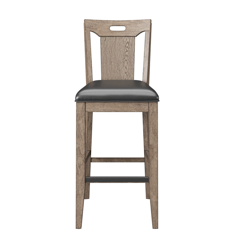 Brown slat back bar stool with black padded seat and lower footrest bar