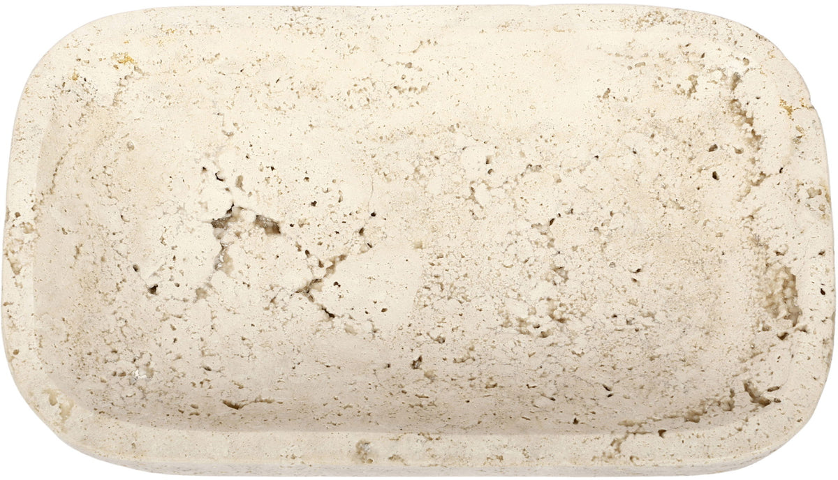Beige travertine tray, smooth rounded rectangular slab with speckled texture.