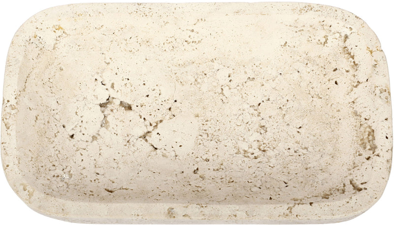 Beige travertine tray, smooth rounded rectangular slab with speckled texture.