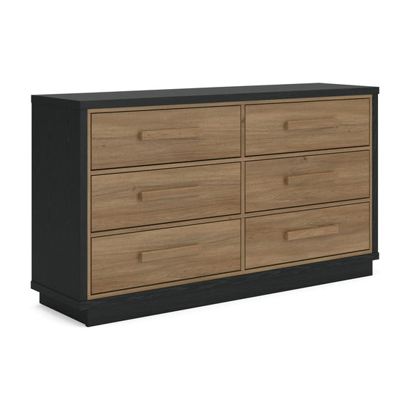 Black and brown six-drawer dresser with six light wood drawers and simple bar pulls