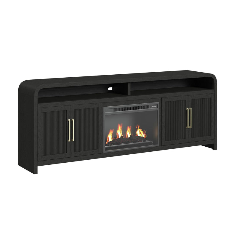 Black low TV console with side cabinets, center fireplace window, and top shelf