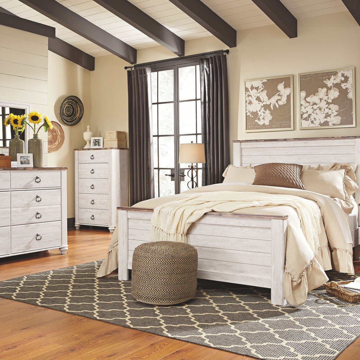 Willowton - Two Drawer Night Stand - Brown / Beige / White