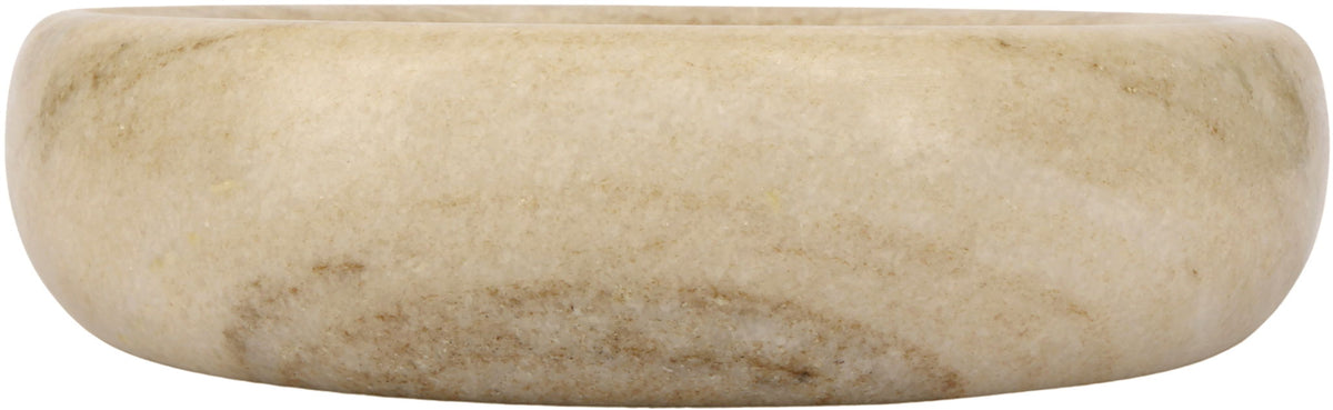 Marble tray, low oval shape in light beige with speckled natural stone pattern.