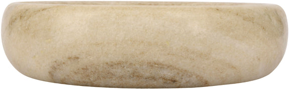 Marble tray, low oval shape in light beige with speckled natural stone pattern.