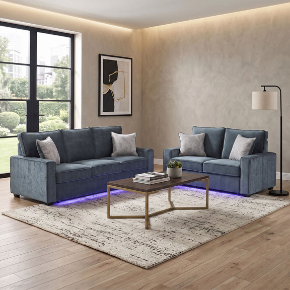 Rita LED living room set: blue sofa set with pillows and glowing LED base