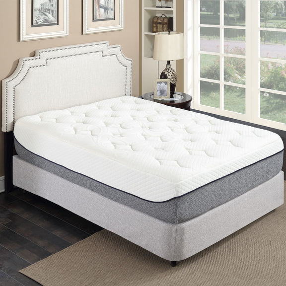 Medium gel memory foam mattress with white quilted top and gray base.