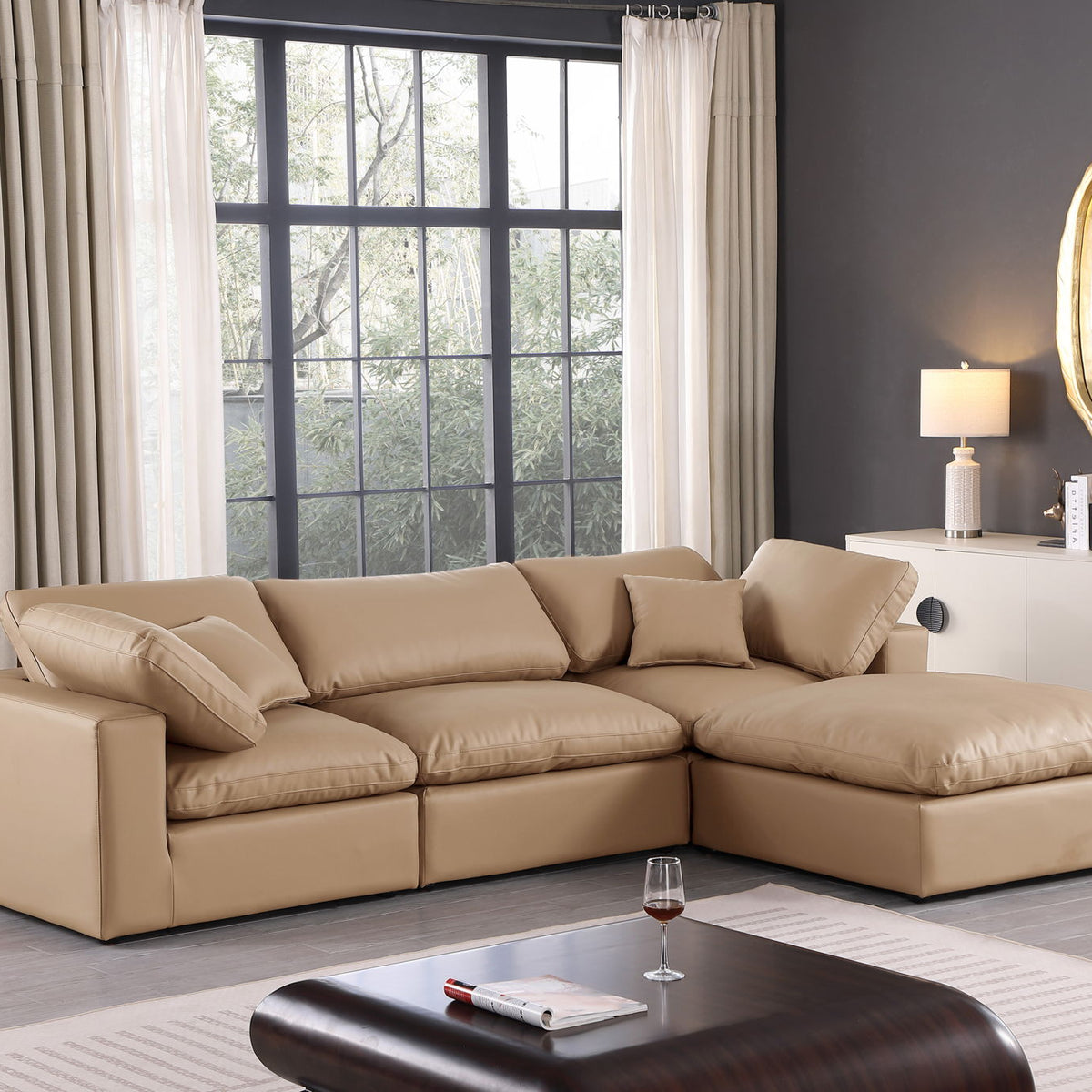 Comfy - 4 Piece Faux Leather Modular Sectional With Chaise - Tan