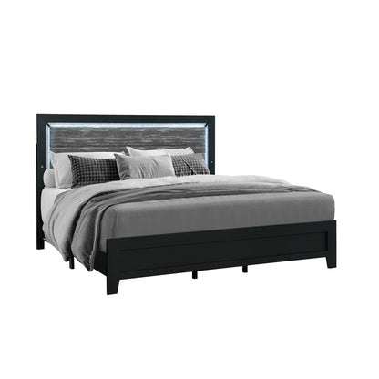 Modern black bed frame with LED-lit headboard and padded rails, includes slat-style base