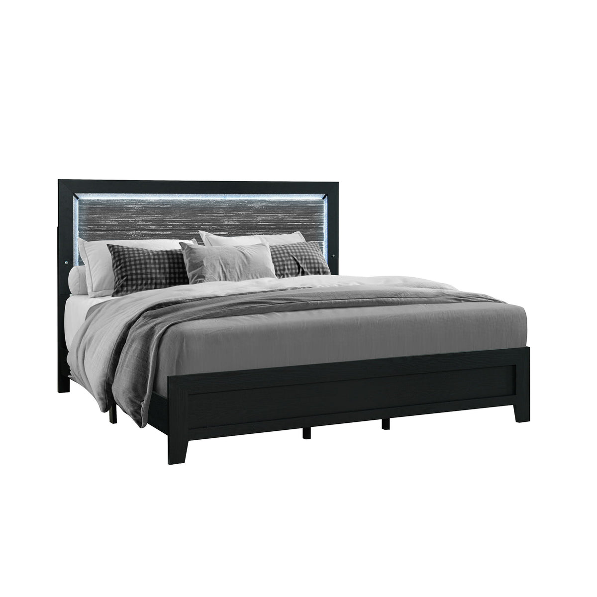 Black queen platform bed with headboard and footboard, styled with gray bedding