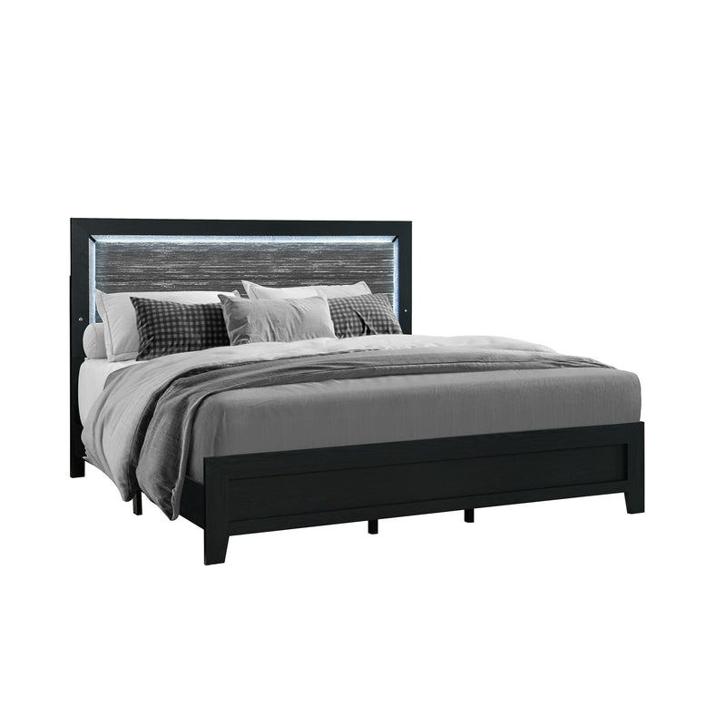 Black queen platform bed with headboard and footboard, styled with gray bedding