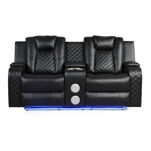 Black power reclining loveseat with quilted back panels, center control, LED light strip