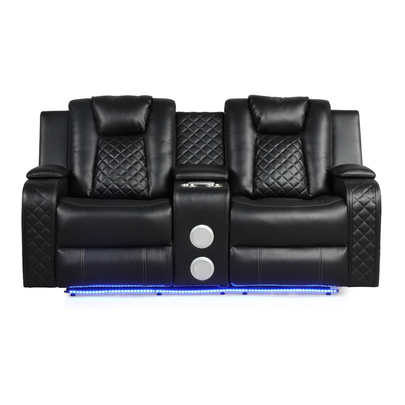 Black power reclining loveseat with quilted back panels, center control, LED light strip