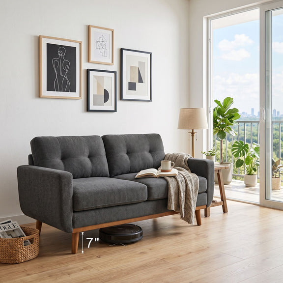 Dark gray two-seat sofa with tufted back cushions and wood legs