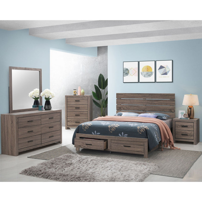 Dark wood bedroom set with platform bed, slatted headboard, dresser with mirror, nightstand
