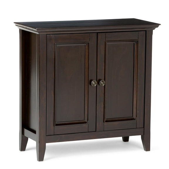 Amherst low storage cabinet in hickory brown with two paneled doors and round knobs
