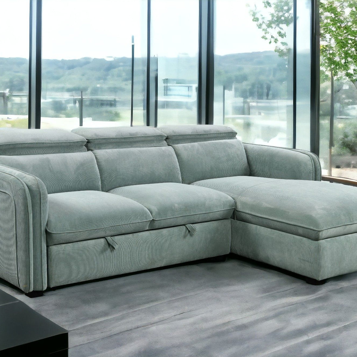 Zavala - Chenille Sectional Sofa With Sleeper & Storage - Light Green