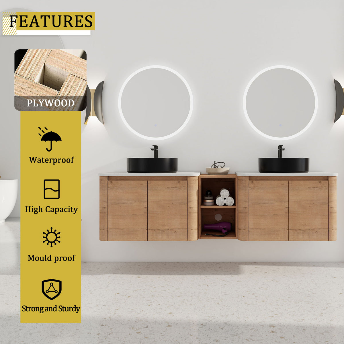 Wall-mounted bathroom vanity with two white sinks, round lighted mirrors, middle open storage