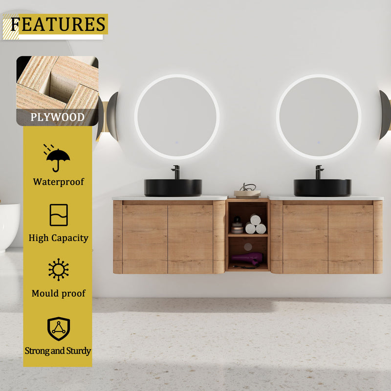 Wall-mounted bathroom vanity with two white sinks, round lighted mirrors, middle open storage
