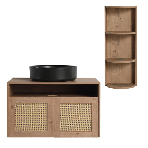Bathroom vanity with single black vessel sink and rattan cabinet doors, plus tall wall shelf.
