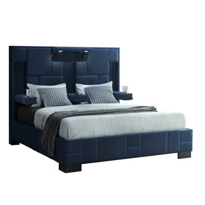 Yaris bed, blue upholstered platform with tall padded headboard and two pillows