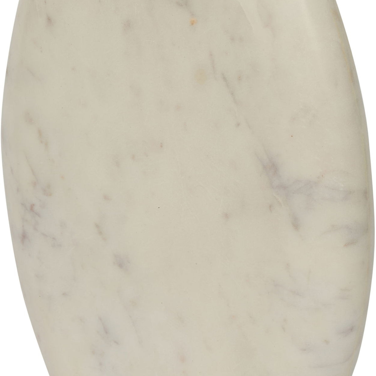 White marble vase with subtle gray speckles and dark opening, tapered oval shape.