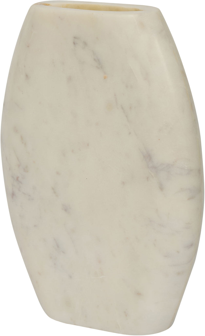 White marble vase with subtle gray speckles and dark opening, tapered oval shape.