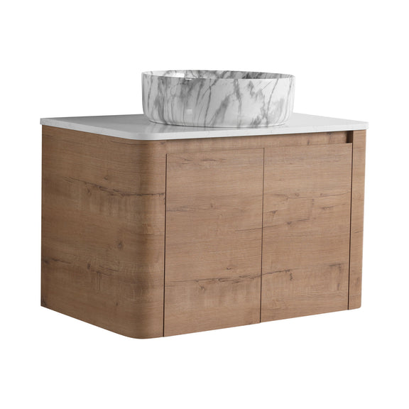 Wall-mounted bathroom vanity with white marble-look vessel sink and light wood cabinet