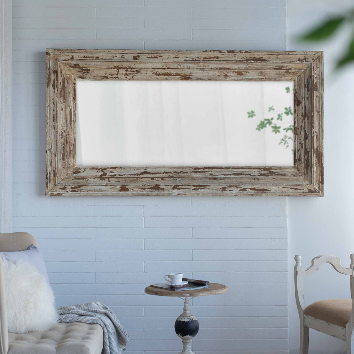 Full Length Rectangle Floor Mirror With Distressed Wood Frame - Brown