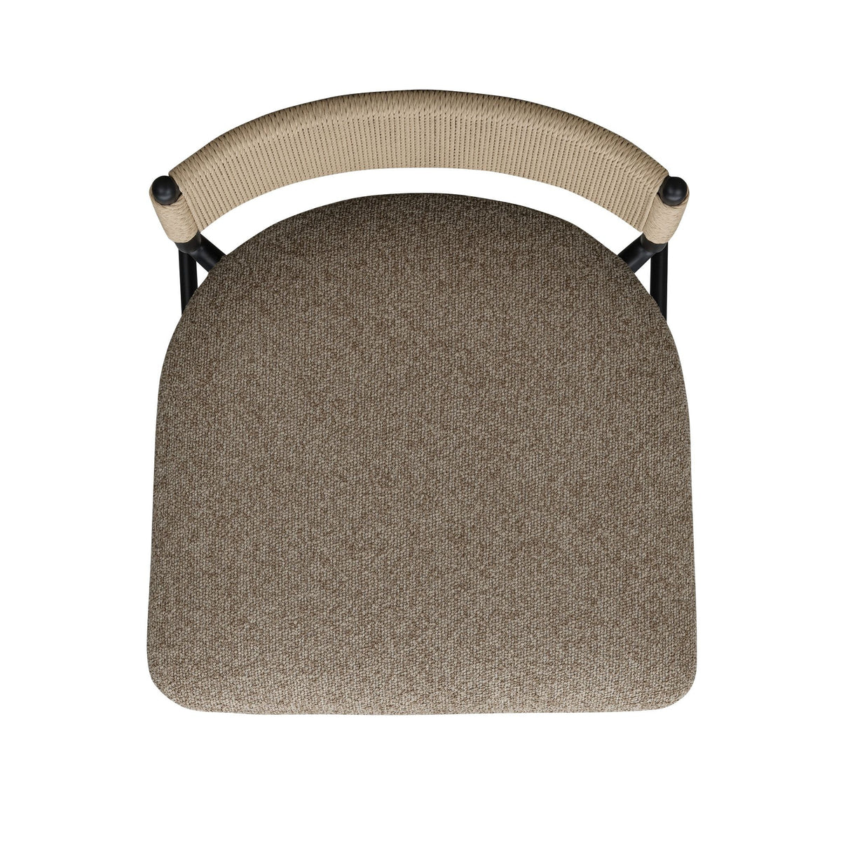 Boucle stool cushion close-up with beige back panel, brown seat, black side posts