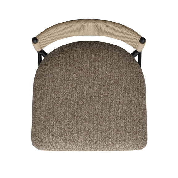 Boucle stool cushion close-up with beige back panel, brown seat, black side posts