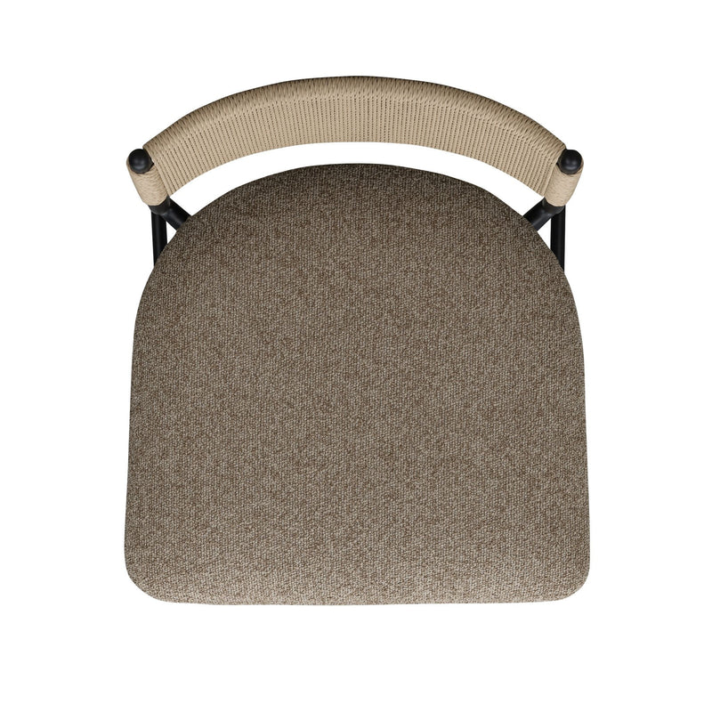 Boucle stool cushion close-up with beige back panel, brown seat, black side posts
