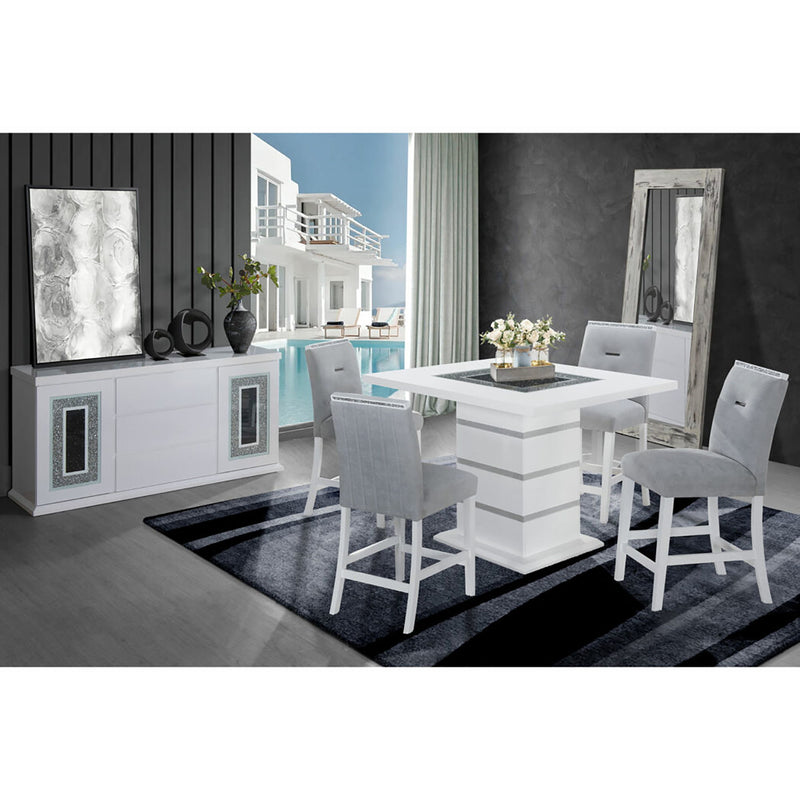 White square bar table with stone-look insert and four matching bar stools