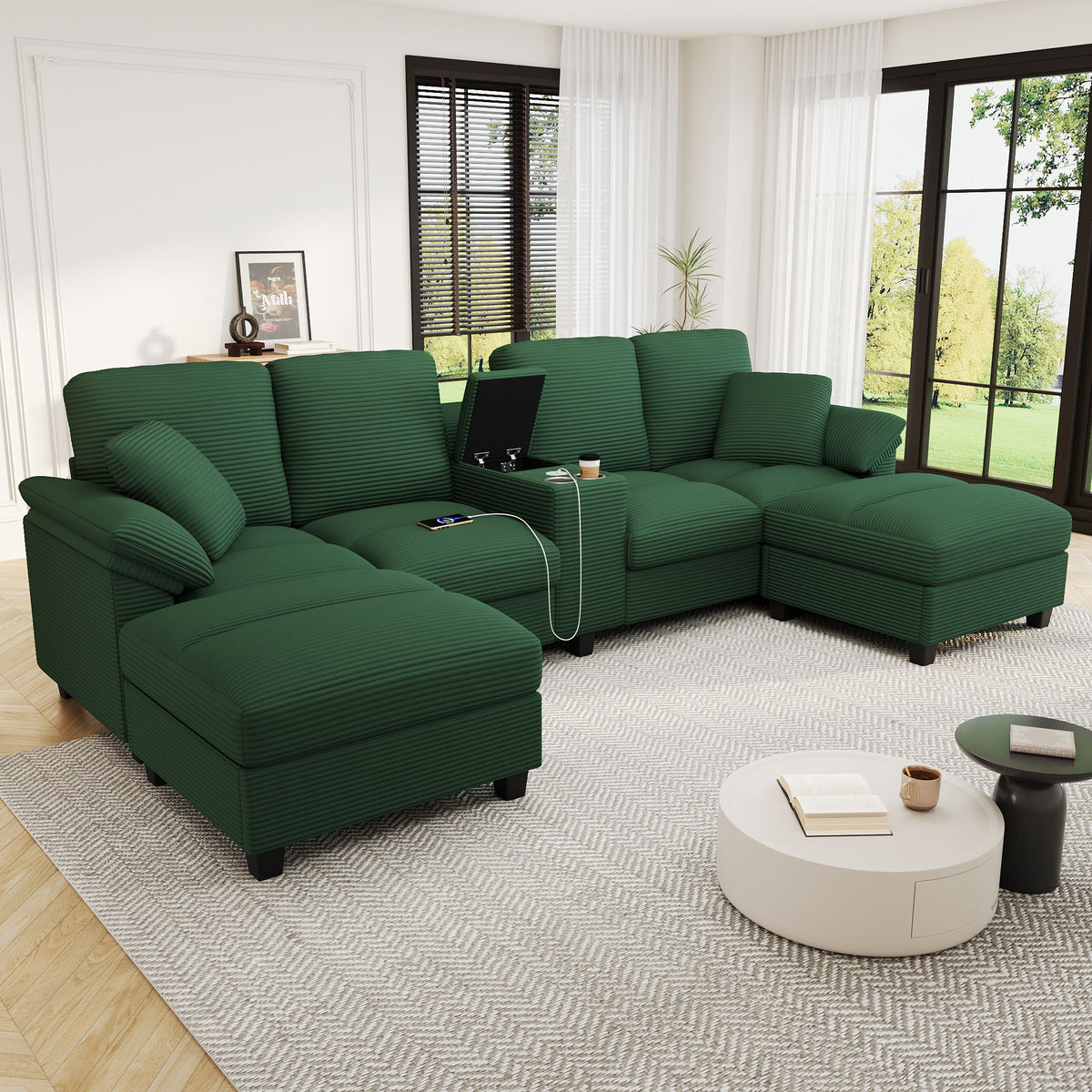 U-shaped sectional sofa with storage ottomans, dark green upholstery, padded armrests and cushions