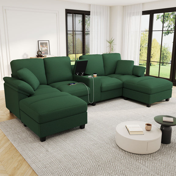 U-shaped sectional sofa with storage ottomans, dark green upholstery, padded armrests and cushions