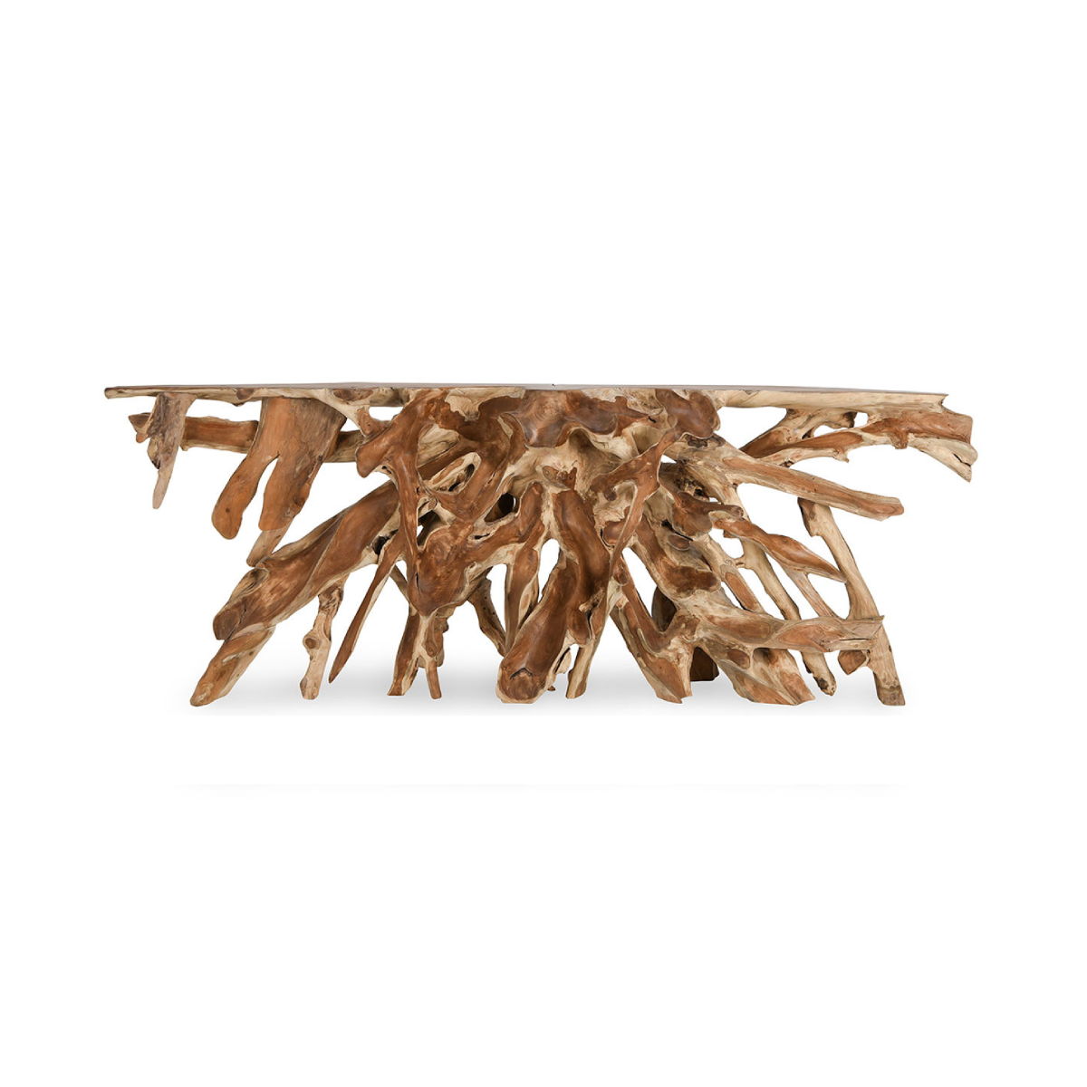 Natural wood console table featuring sculpted root legs under a flat tabletop