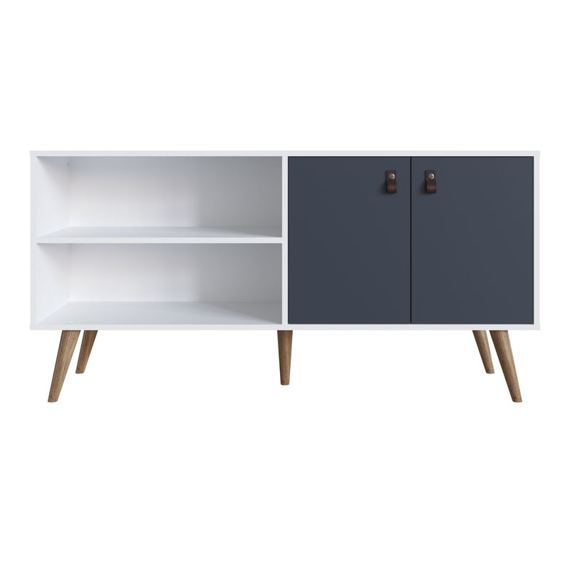 TV stand with white frame, two open shelves, dark blue cabinet doors, and tapered wood legs