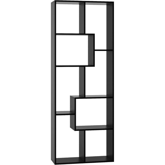 Black 5-tier asymmetrical display shelf with open cubby compartments