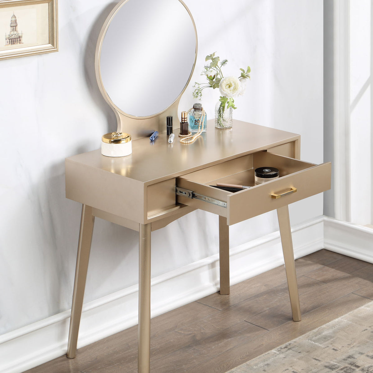 Maly - Contemporary Wood Vanity And Stool Set - Gold