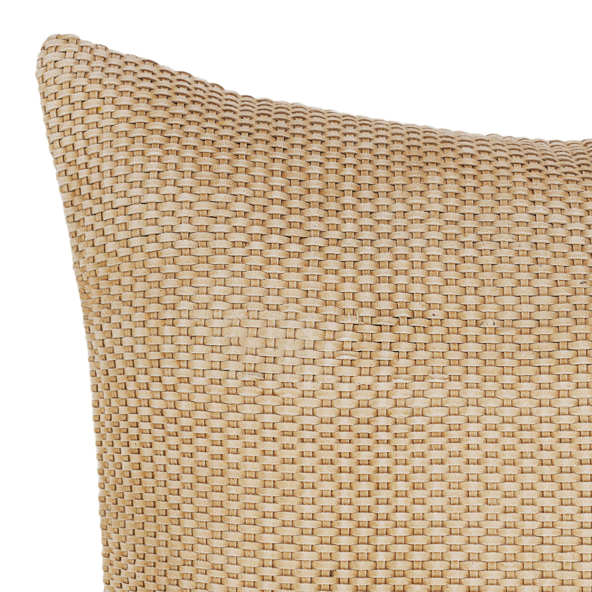 Tan woven square pillow, close-up of tight basketweave texture