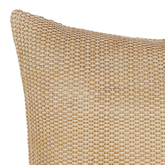 Tan woven square pillow, close-up of tight basketweave texture