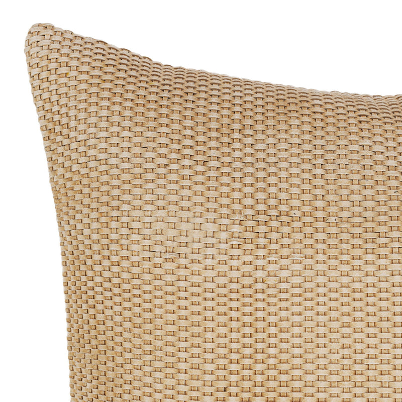 Tan woven square pillow, close-up of tight basketweave texture