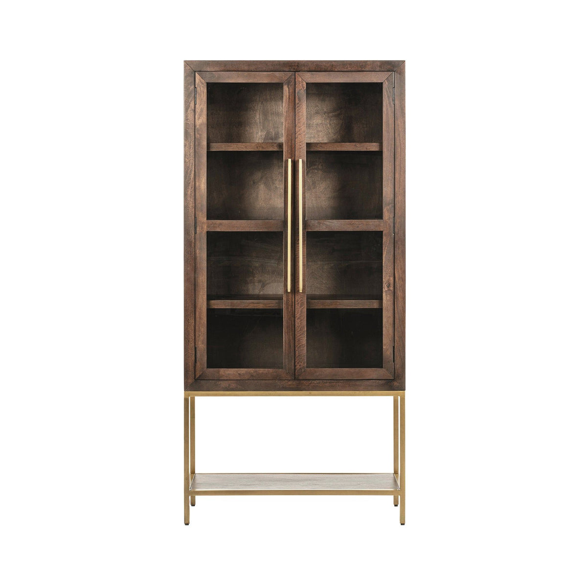 Tall cabinet with two glass-pane doors and interior shelving, dark wood and brass handle