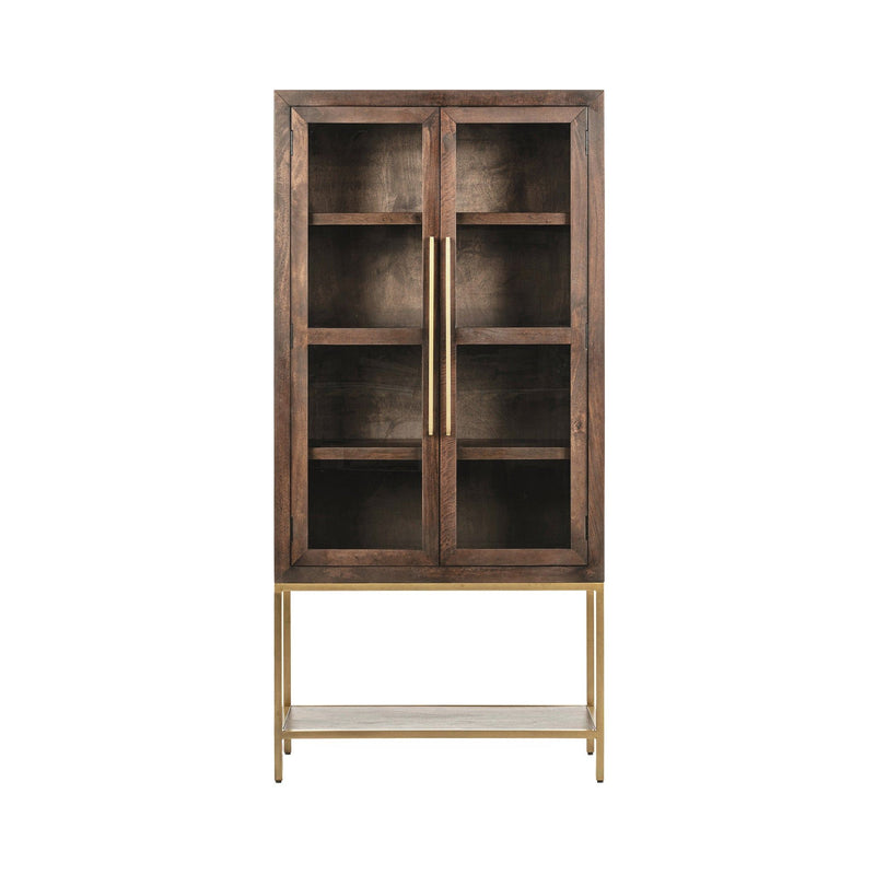 Tall cabinet with two glass-pane doors and interior shelving, dark wood and brass handle